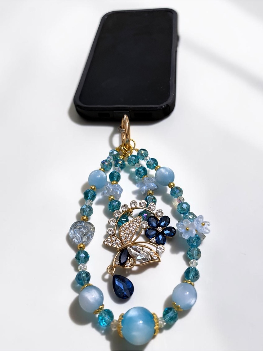 Blue Floral Butterfly Beaded Phone Charm Keychain